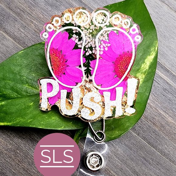 Baby Feet Floral Badge Reel With Push-OBGYN Badge Reel-NICU Nurse-OB Nurse Badge - Picture 4 of 7